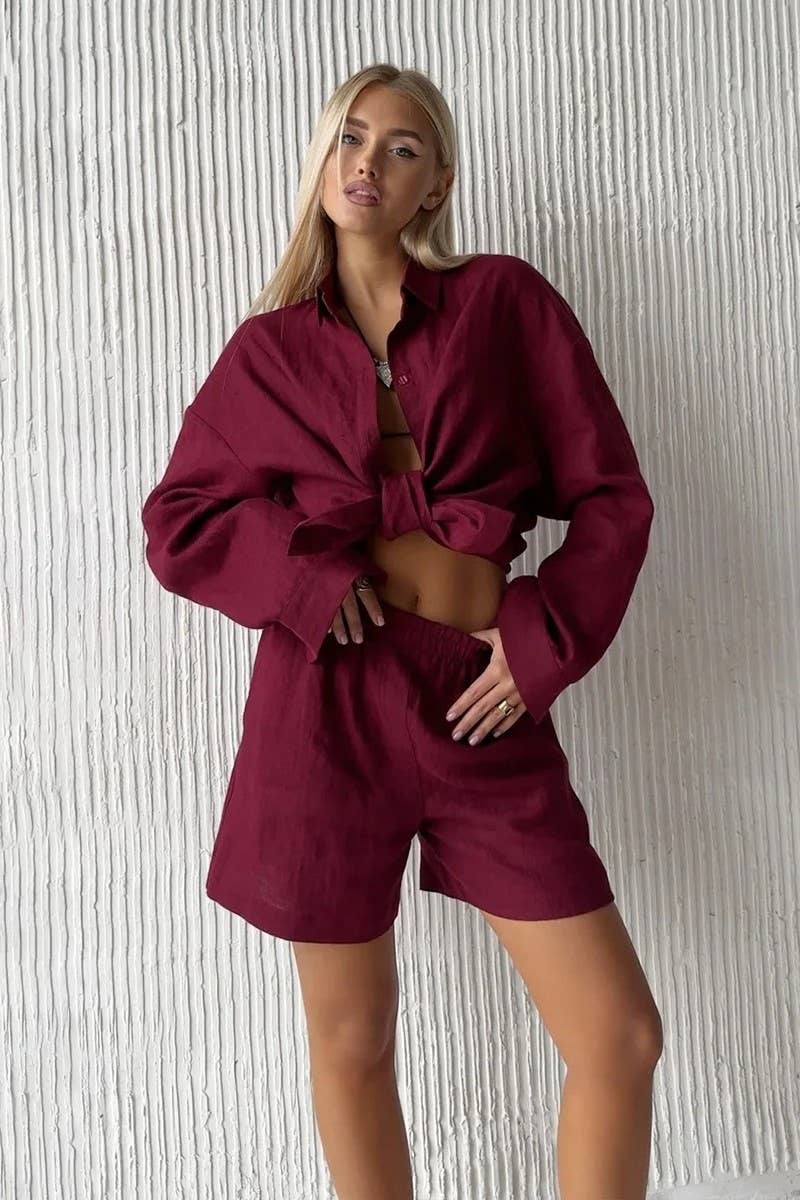 CWSTB00383_COTTON CARDIGAN LONG SLEEVE SHORTS SET