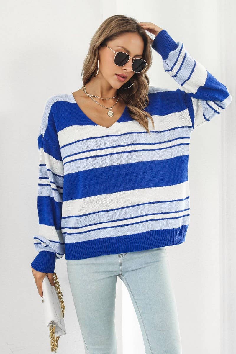 CWOSWL4085_STRIPED GRADIENT V-NECK LONG SLEEVE KNIT SWEATER