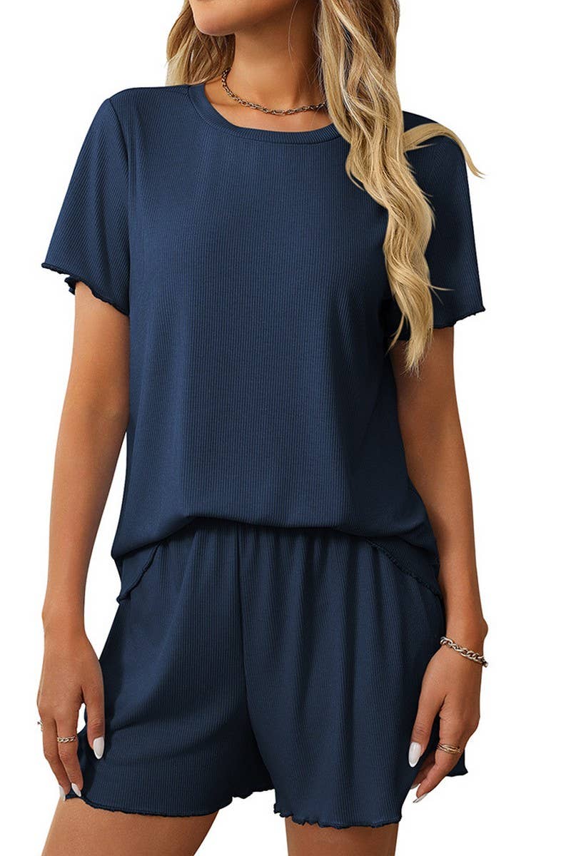 CWSPJ0229_SOLID COLOR STRIPED SHORT SLEEVE HOME WEAR SET