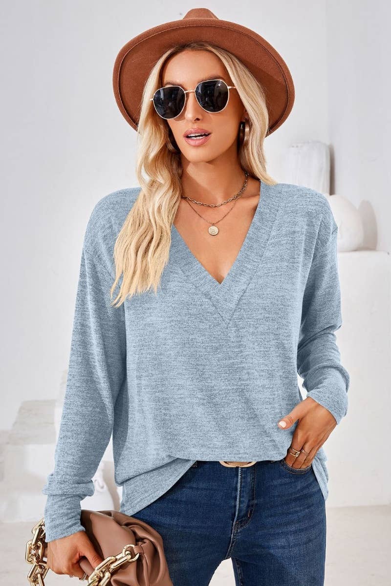 CWTBLL2685_AUTUMN V-NECK LONG SLEEVE SOLID COLOR TOP