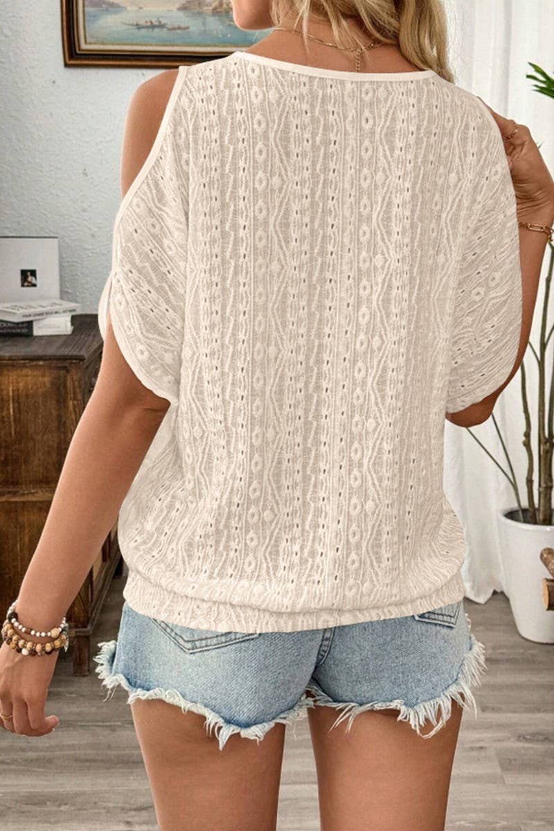 CWTBLS2261_SOLID COLD SHOULDER BATWING SLEEVE CUTOUT TEE