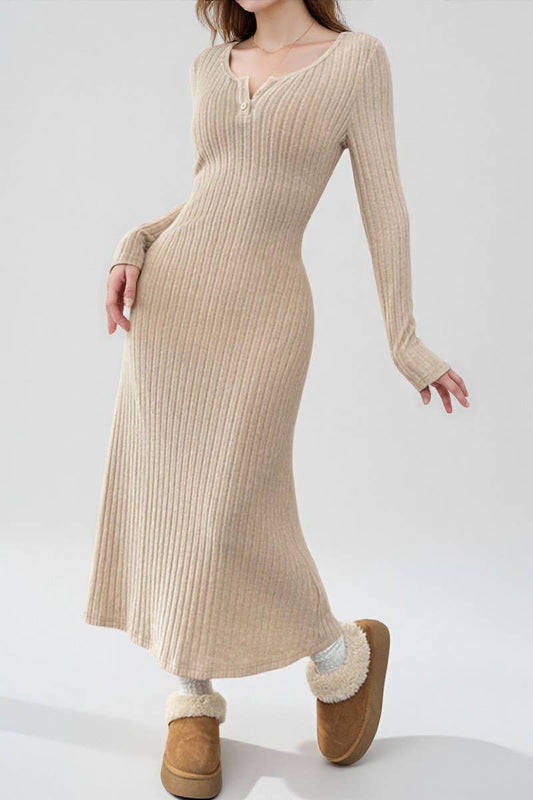 CWDMD00981_ELEGANT SLIM-FIT V-NECK SOLID COLOR SWEATER DRESS
