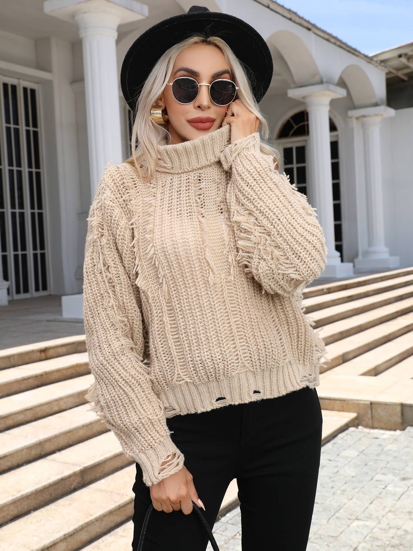 CWOSWL1160_Turtle Neck Long Sleeve Pullover Tassel Sweater