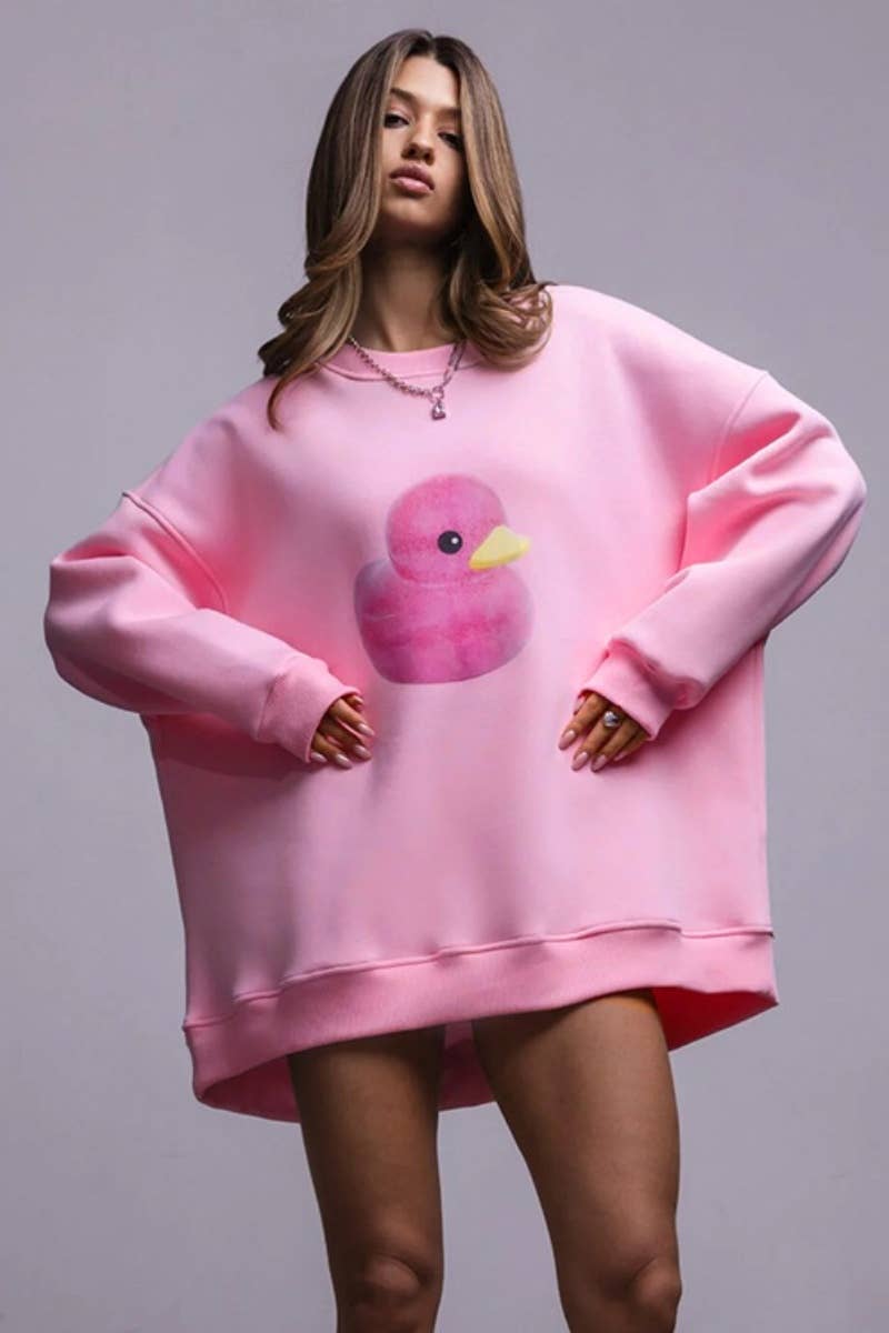 CWTBLL1691_CASUAL DUCK PRINT CREW-NECK LONG-SLEEVED HOODIE