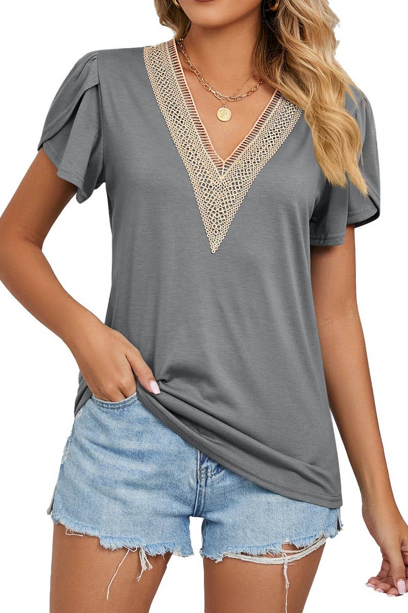 CWTTS1353_SUMMER GOLD LACE V-NECK SHORT SLEEVE T-SHIRT
