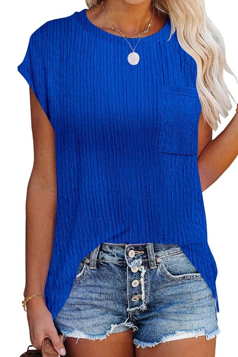 CWTBLS1603_ROUND NECK SOLID COLOR POCKET SHORT SLEEVE TOP