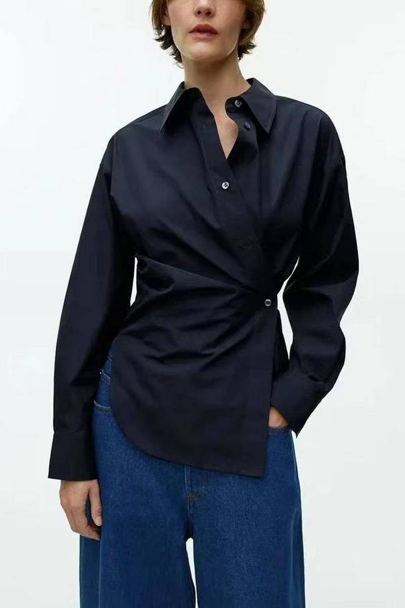 CWTSTL2880_SLIM FIT LONG SLEEVE SOLID WAIST-DETAIL SHIRT