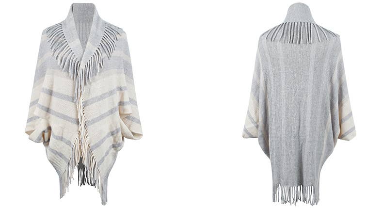 FRINGED CAPE COAT KNITTED STRIPED CAPE WOMAN