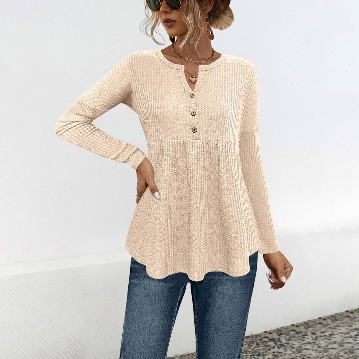 BUTTON-DOWN WAFFLE TOP WITH LONG SLEEVES