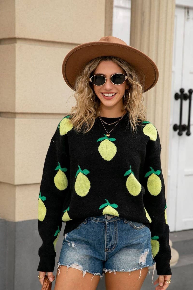 CWOSWL07604_LOOSE LEMON PRINT CREWNECK KNIT TOP