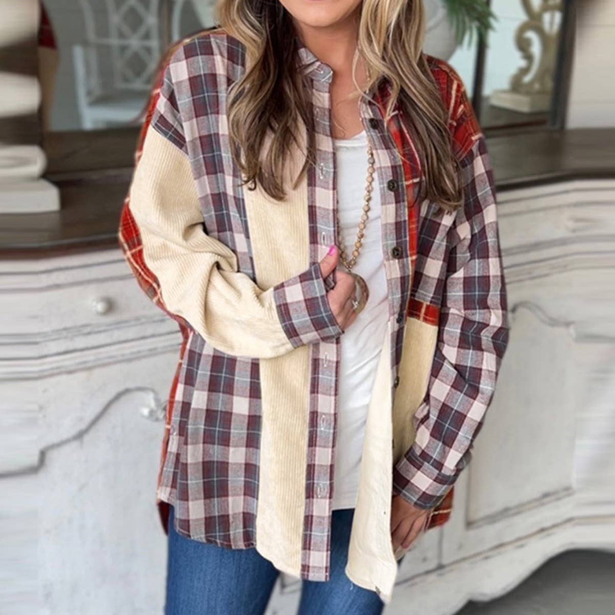 CORDUROY CHECK PATCHWORK SINGLE BREASTED SHIRT