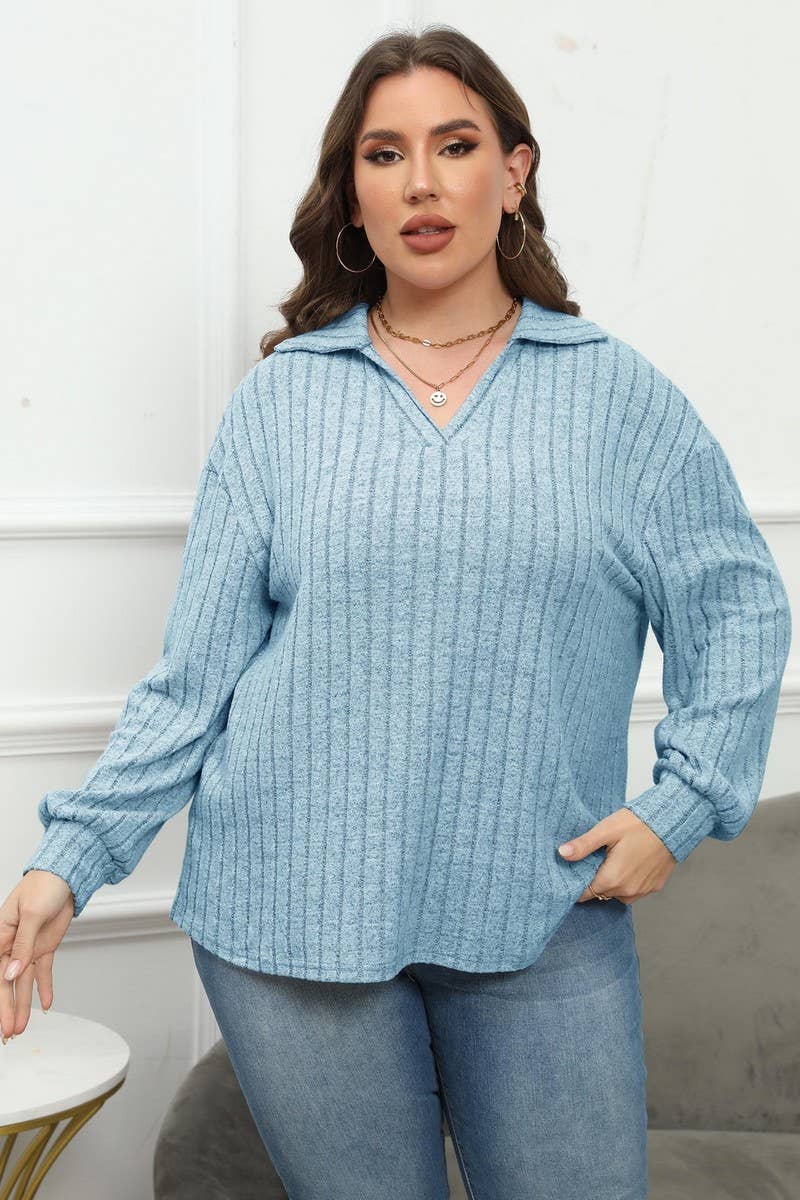 CWTTL1312_PLUS Size Casual Foldover Collar Knit Pullover Top