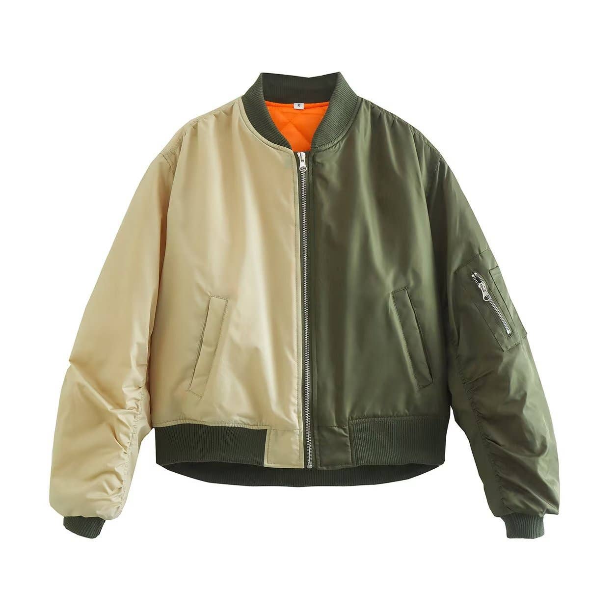 COLOR CONTRAST FLYING ZIPPER LOOSE PADDED JACKET