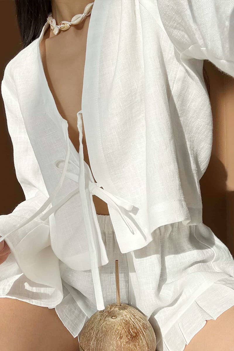 CWSTB1813_COTTON TIE-FRONT CARDIGAN & SHORTS SET