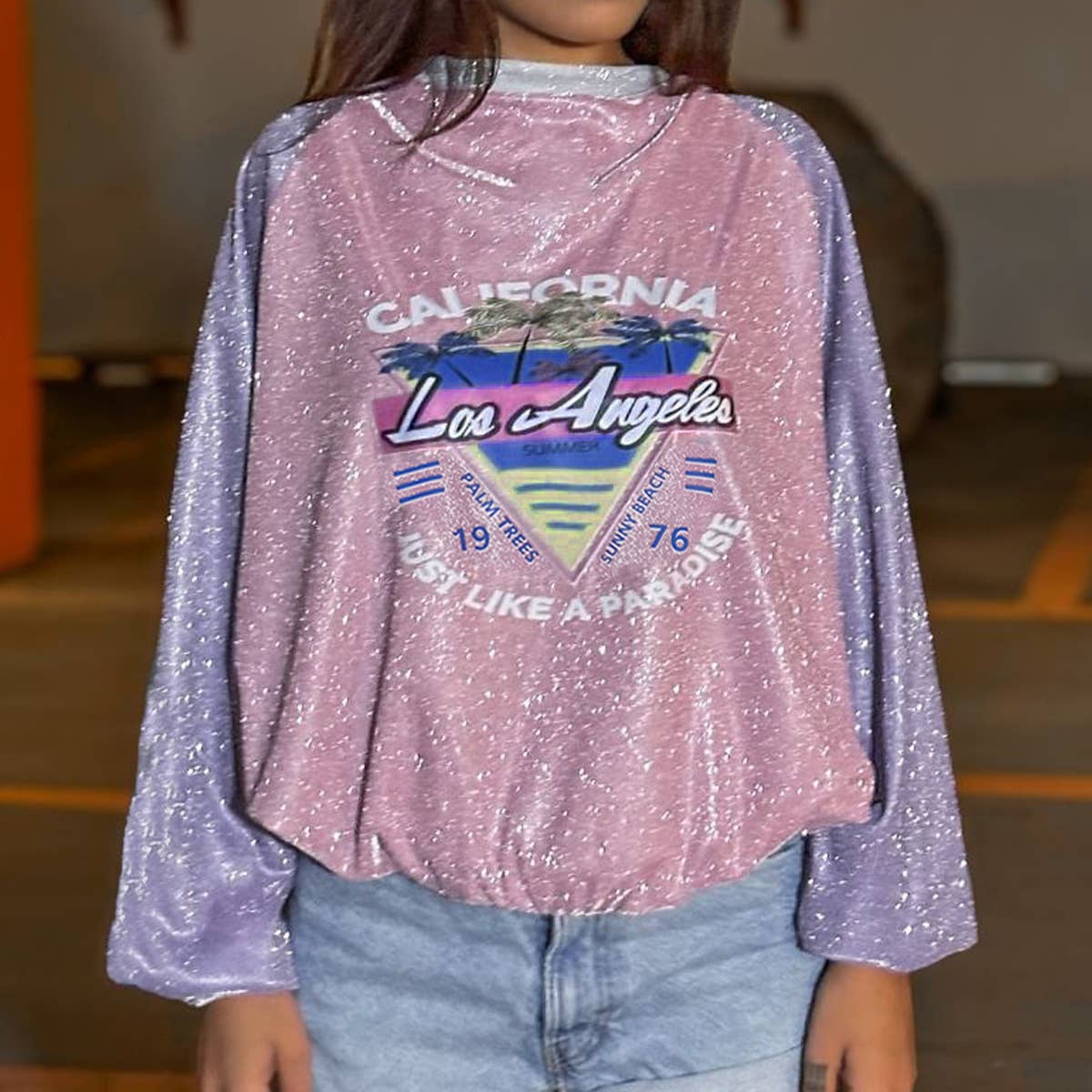 All-in-one glitter color matching printed long-sleeve hoodie