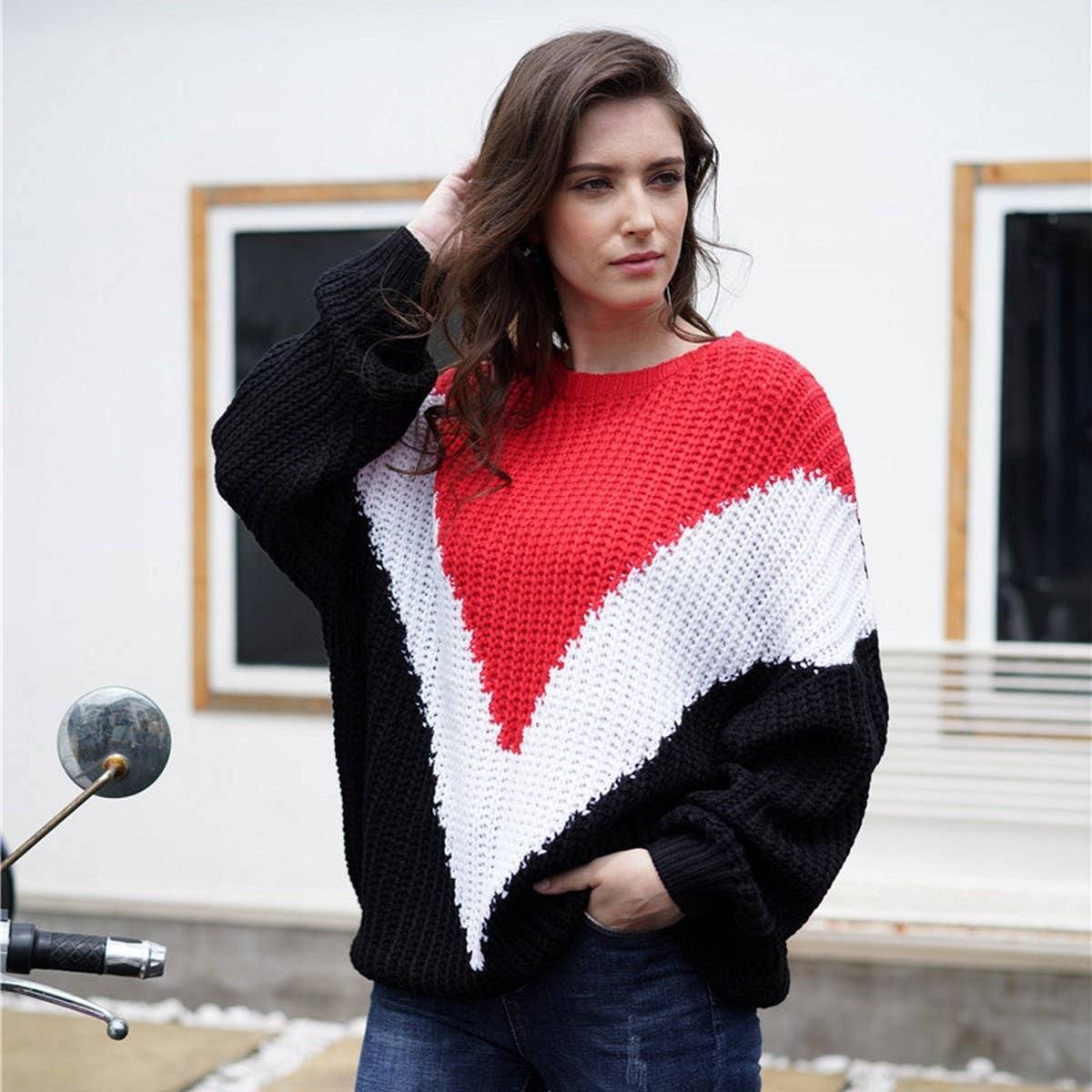 Color contrast large size patchwork striped sweater