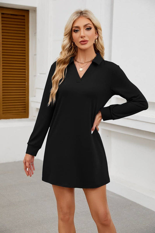CWDSD8814_LAPEL LONG SLEEVE CASUAL SPORTS SWEATER DRESS