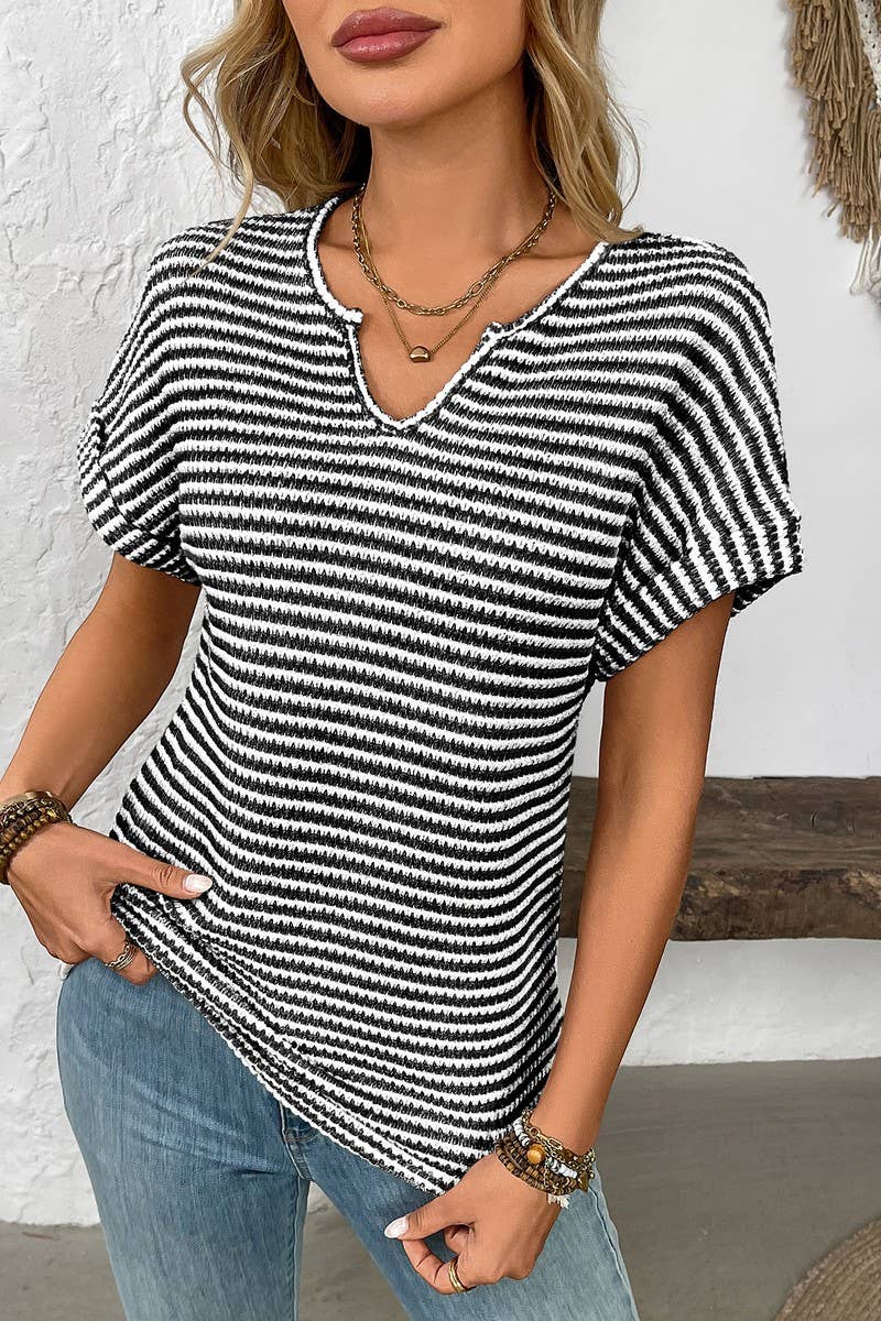 CWTBLS1622_V-NECK LOOSE STRIPED PULLOVER SHORT-SLEEVED TOP
