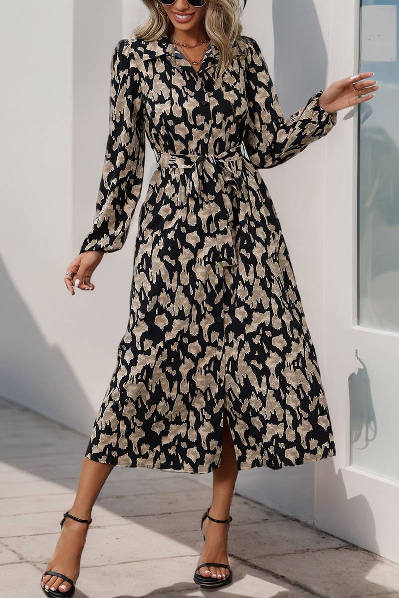 CWDMD3563_LONG SLEEVE TIE PRINT CARDIGAN DRESS