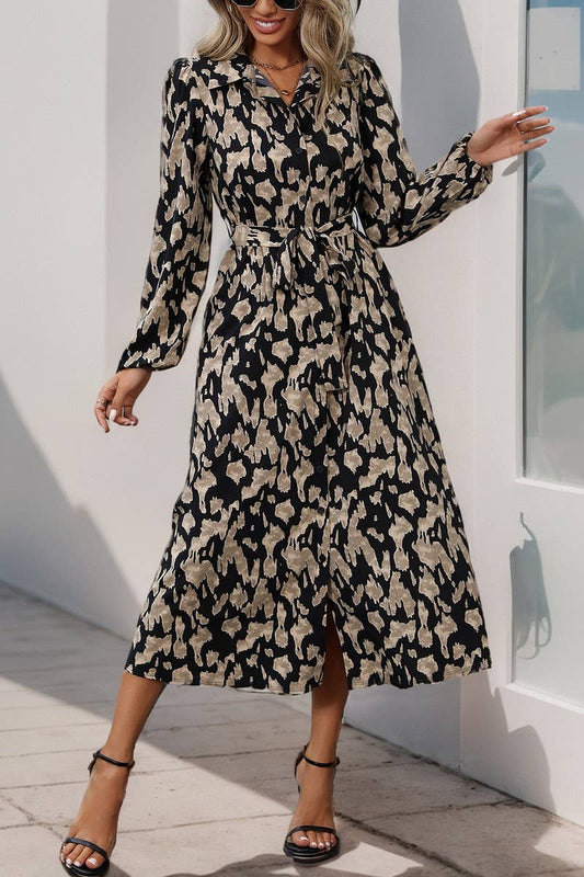 CWDMD3563_LONG SLEEVE TIE PRINT CARDIGAN DRESS