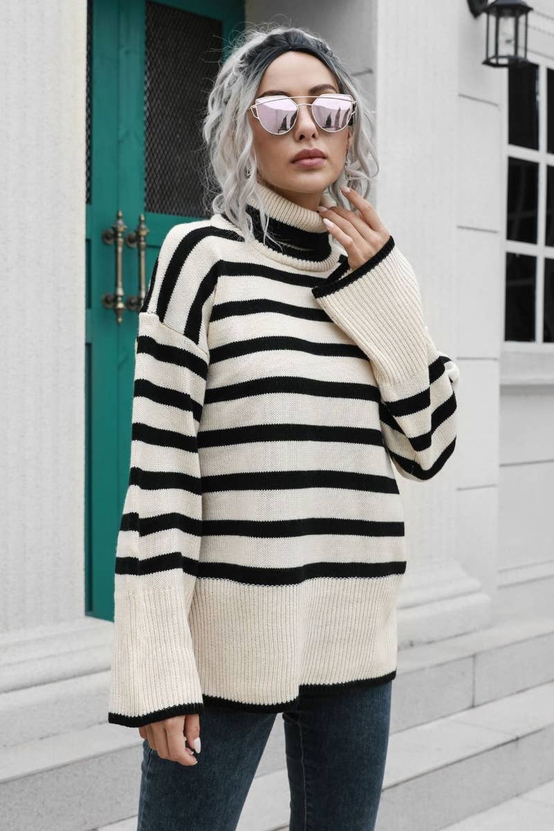 CWOSWL6371_TURTLENECK STRIPED LONG-SLEEVED SLIT SWEATER