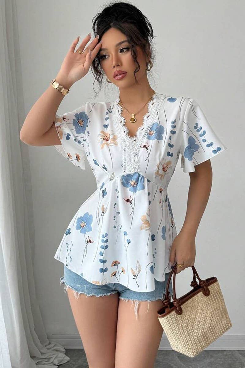 CWTTS1591_SUMMER V-NECK LACE SMALL FLORAL SHIRT