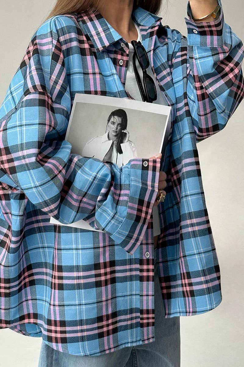 CWTBLL00630_RETRO LOOSE CASUAL LONG-SLEEVED PLAID JACKET