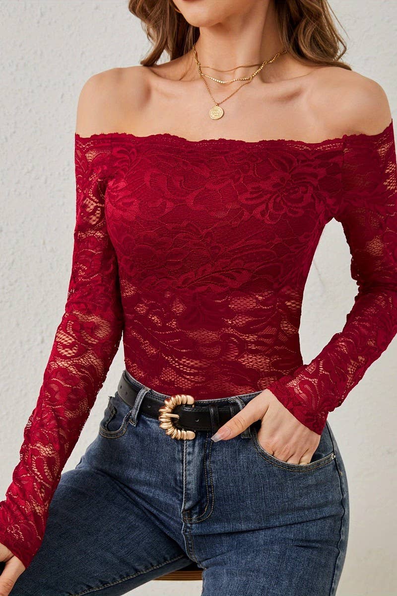 CWTBLL3469_SCALLOP NECK OFF SHOULDER LACE LONG SLEEVE TOP