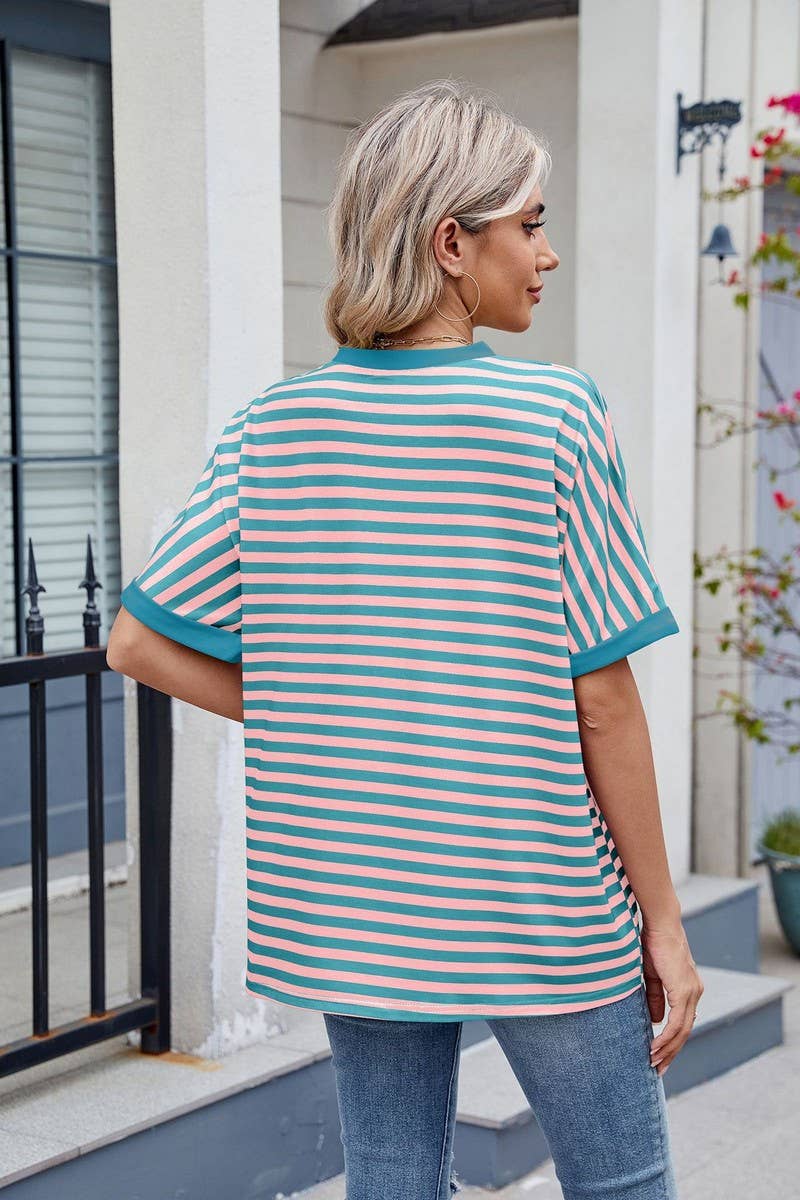 CWTTS1299_LOOSE STRIPED COLORBLOCK CREW NECK T-SHIRT TOP