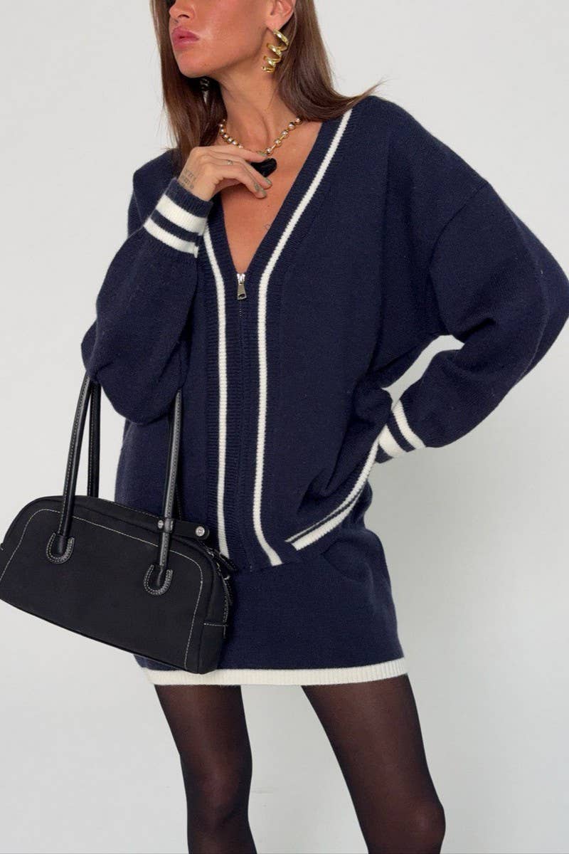 CWSTB1521_CONTRAST COLOR ZIPPER LETTER CARDIGAN SWEATER SET