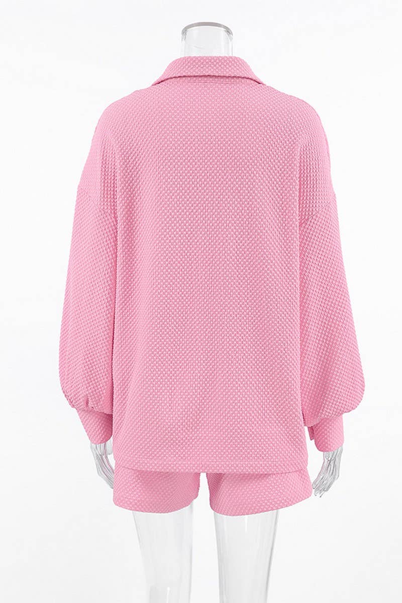 CWSPJ0195_PINK JACQUARD SHIRT SHORTS PAJAMAS HOMEWEAR SET