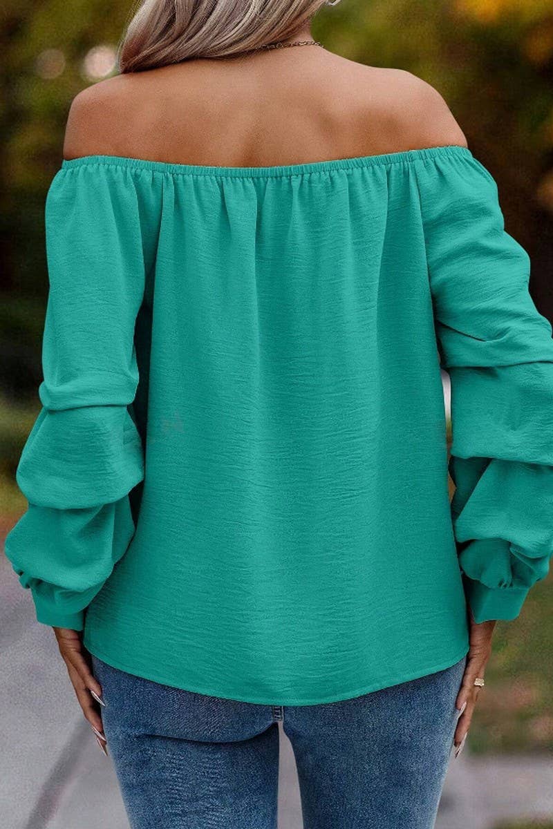 CWTBLL4006_SOLID OFF SHOULDER KNOT SLEEVE LONG SLEEVE SHIRT