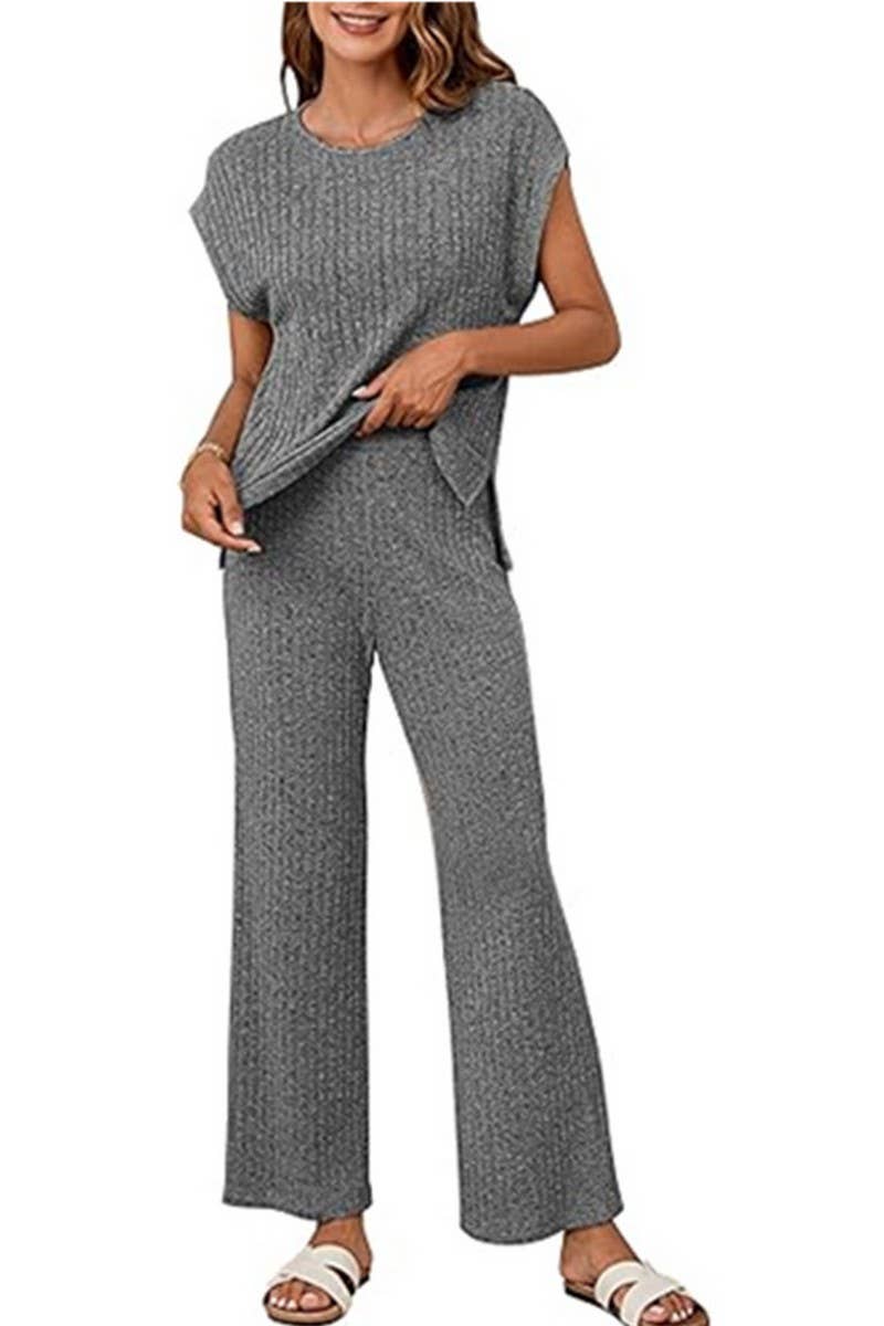 CWSTB1611_STRIPED BRUSHED SLIT TOP AND TROUSERS SET