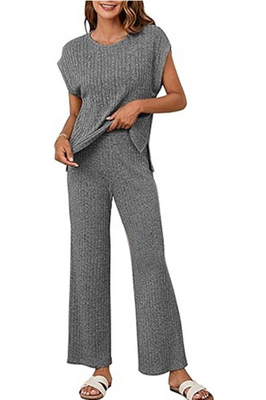 CWSTB1611_STRIPED BRUSHED SLIT TOP AND TROUSERS SET