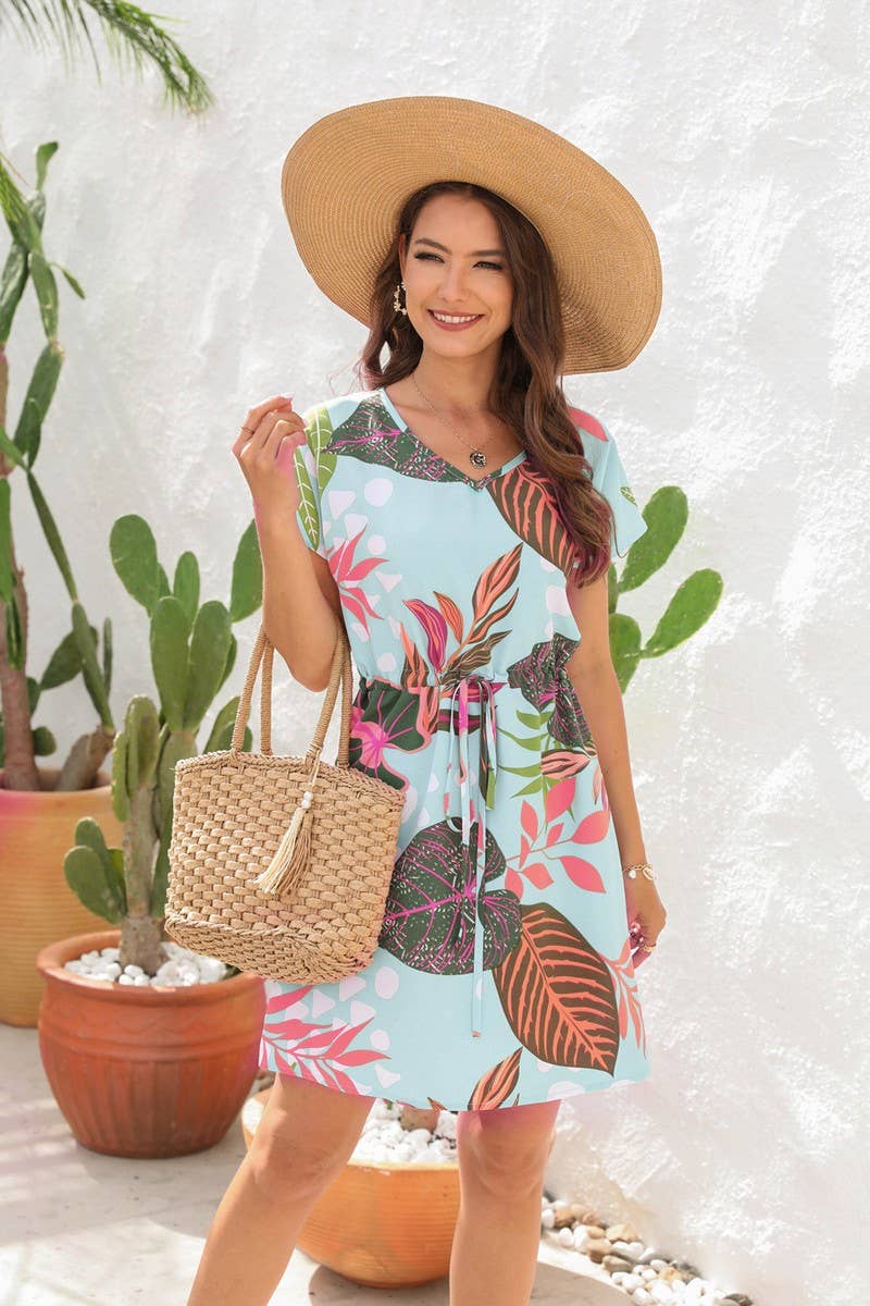 CWDSD4019_V-NECK FLORAL PRINT DRAWSTRING DRESS