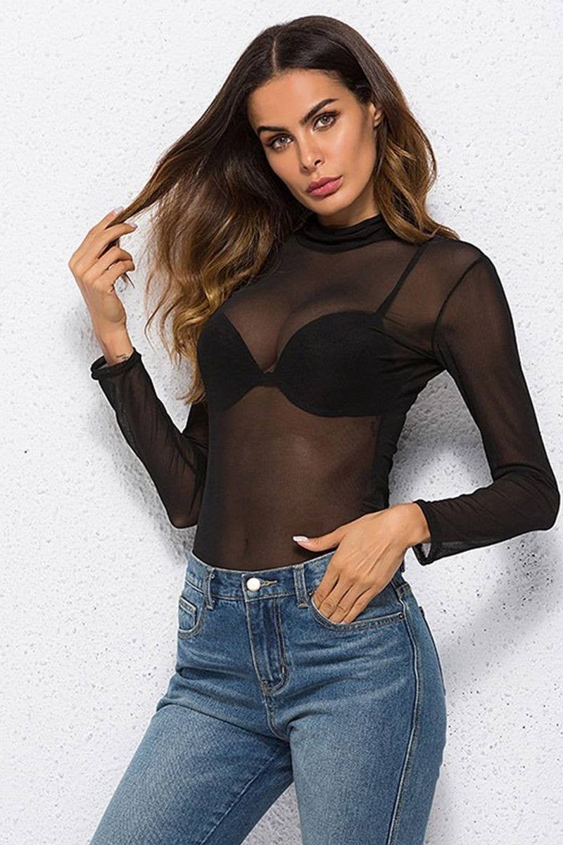 CWTBLL3864_SHEER MESH STRETCH LONG SLEEVE TURTLENECK TOP