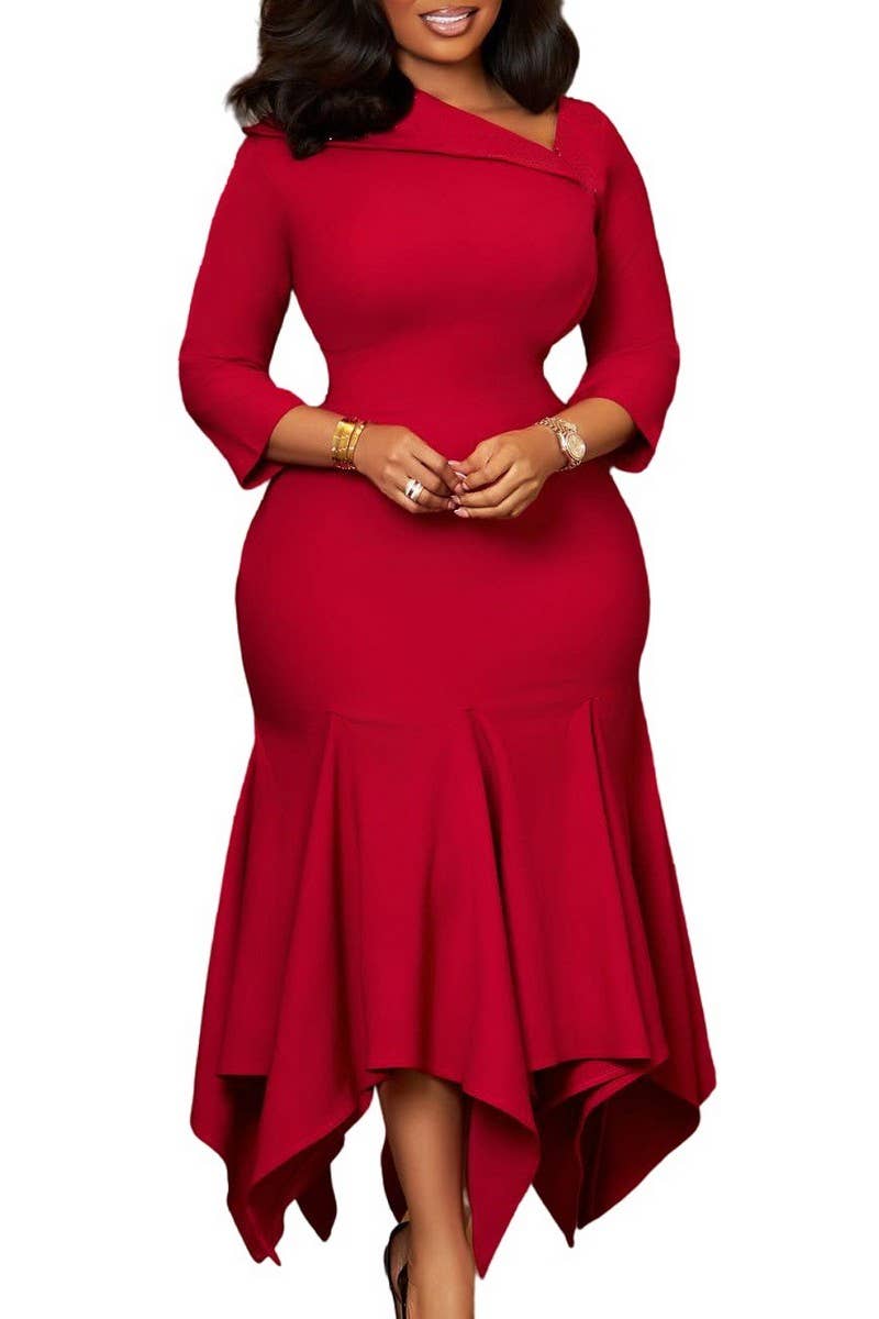 CWDMD01253_2025 PLUS SIZE WOMEN ASYMMETRICAL NECK MIDI DRESS
