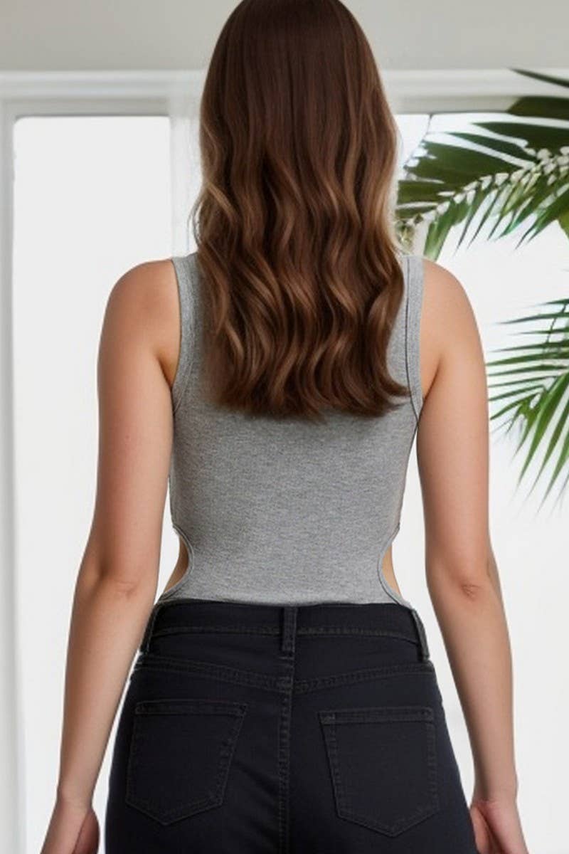 CWSBSSL0120_SLIM FIT RIBBED U NECK WAIST CUTOUT BODYSUIT