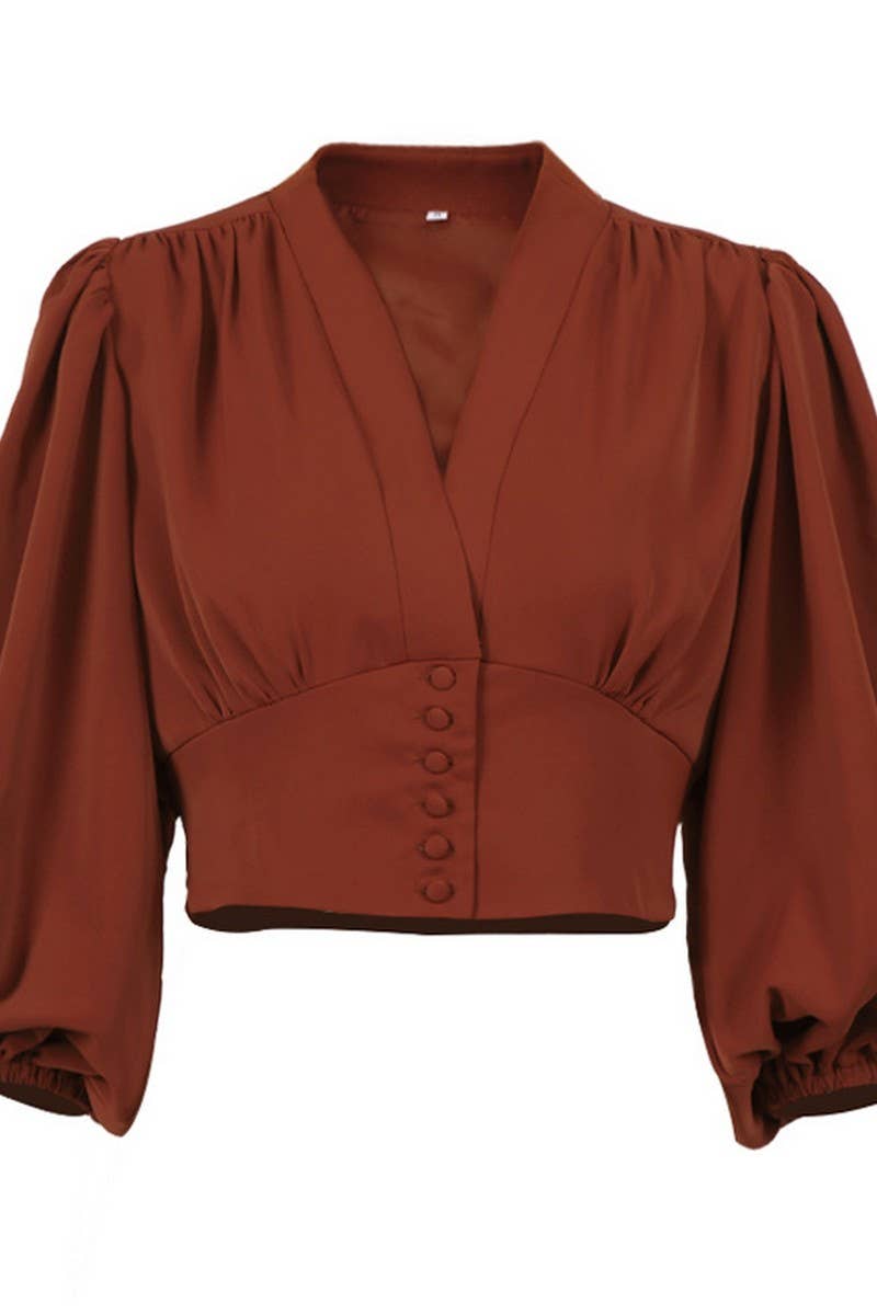 CWTBLL3355_V-NECK CROPPED NAVEL-BARING CHIFFON SHIRT TOP