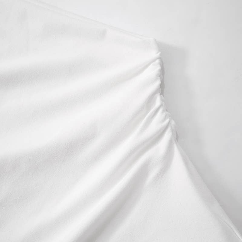 DIAGONAL NECK PLEATED WAIST SOLID COLOR T-SHIRT