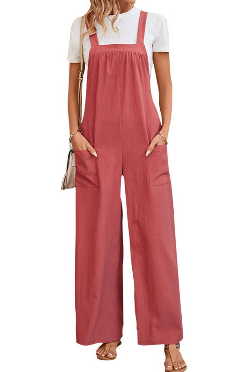 CWSJS0806_SOLID COLOR STRAIGHT SUSPENDER JUMPSUIT