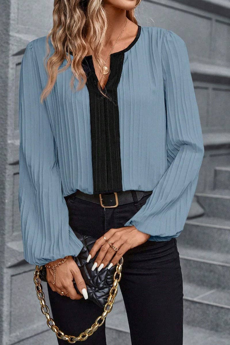 CWTBLL4007_COLORBLOCK V-NECK PUFF SLEEVE LONG SLEEVE SHIRT