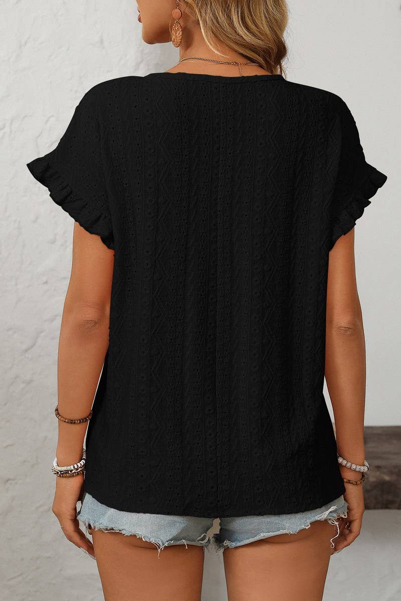 CWTBLS1710_SOLID COLOR ROUND NECK SHORT SLEEVE HOLLOW TOP