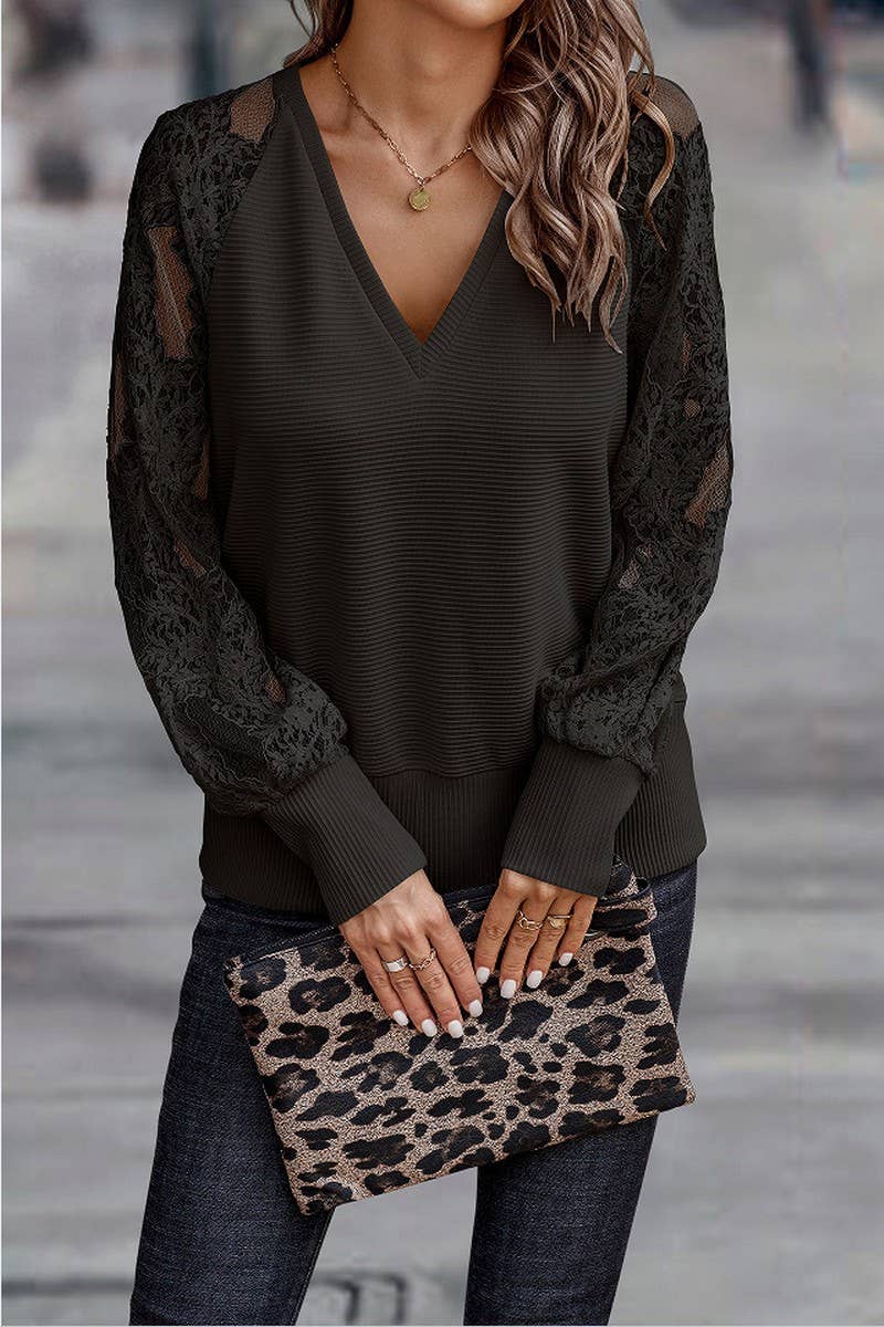 CWTBLL4081_SOLID V-NECK LACE LOOSE FIT CASUAL TOP