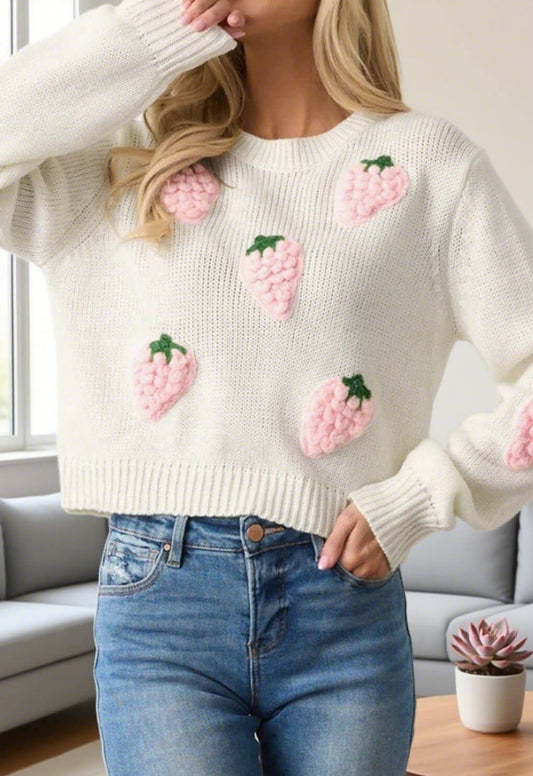 CWOSWL6959_3D STRAWBERRY APPLIQUE ELEGANT PULLOVER SWEATER