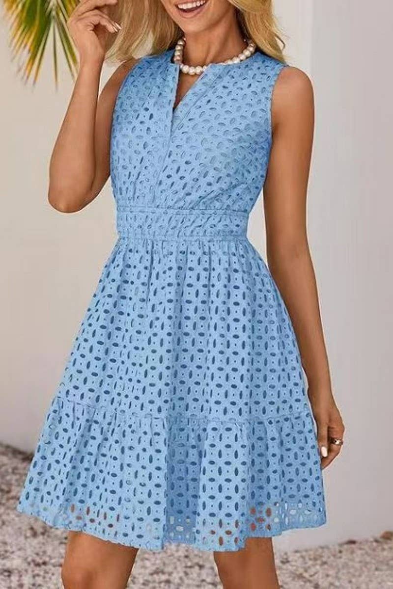 CWDSD8008_SUMMER V-NECK HOLLOW EYELET HIGH WAIST DRESS