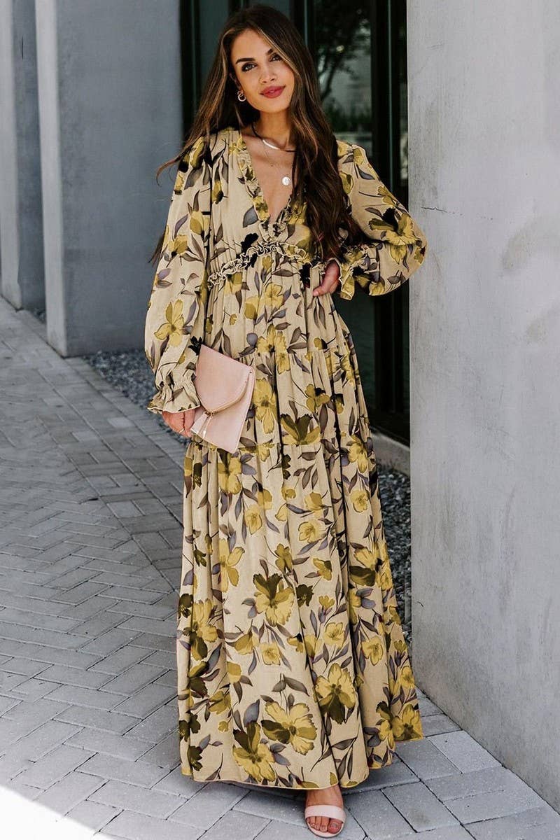 CWDMD01220_V NECK PRINTED LONG ELEGANT EVENING DRESS