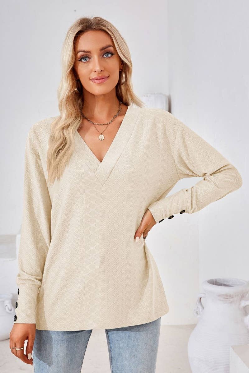 CWTBLL2806_SOLID COLOR V-NECK LONG SLEEVE BUTTON-UP TOP