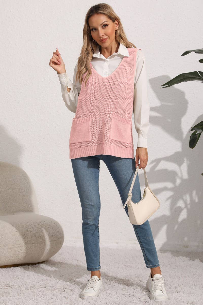 CWOSWL07395_WOMEN¡¯S V NECK KNIT VEST WITH POCKETS