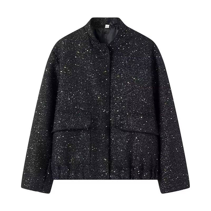 Beaded decorated stand-up collar jacket